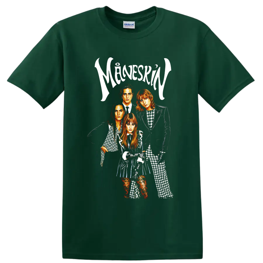 Måneskin glam rock band portrait with white logo lettering on a Forest Green T Shirt