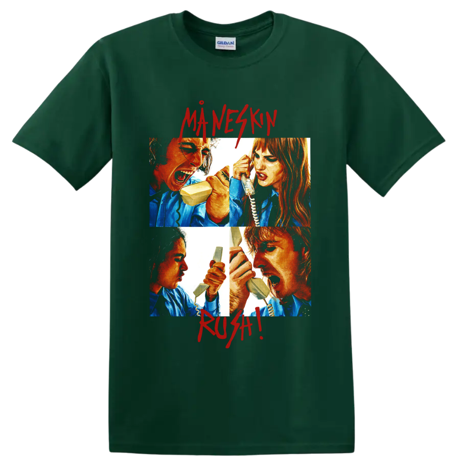 Måneskin telephone fight graphic with bold red lettering on a Forest Green T Shirt