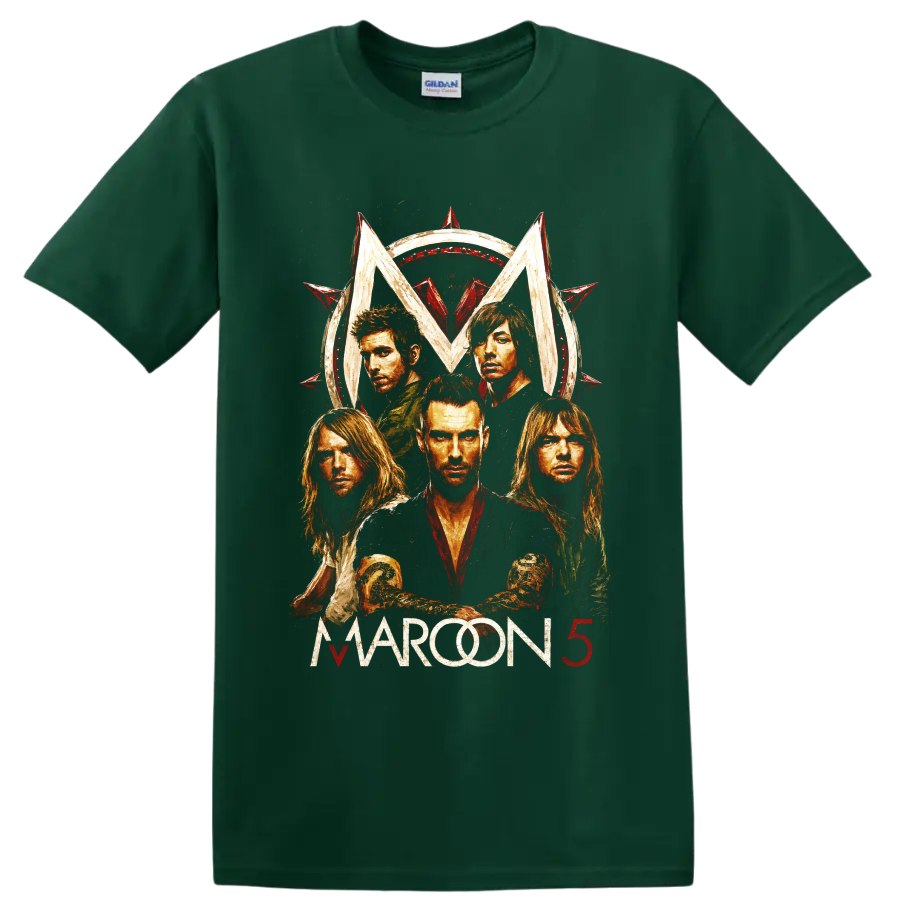 Maroon 5 distressed rock band portrait with red star emblem on a Forest Green T Shirt