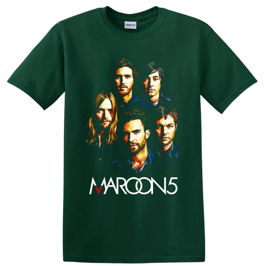 Maroon 5 five-member portrait graphic with bold band lettering on a Forest Green T Shirt