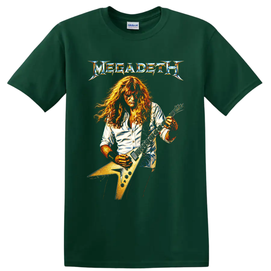 Megadeth guitarist playing an angular electric guitar with metallic logo on a Forest Green T Shirt