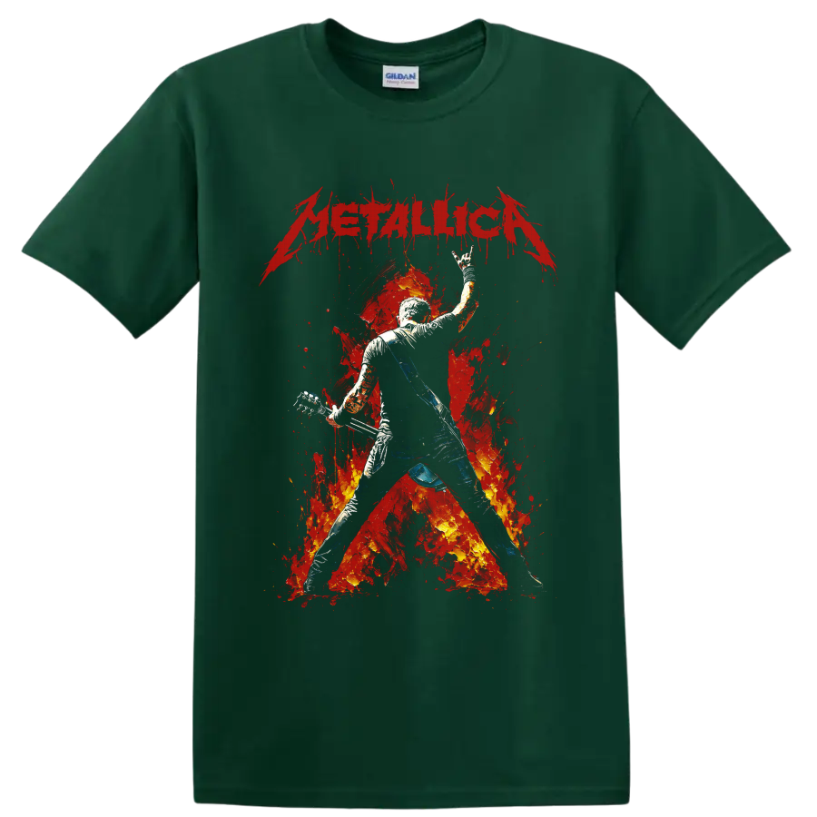 Metallica guitarist graphic with fiery red splatter and distressed logo on a Forest Green T Shirt
