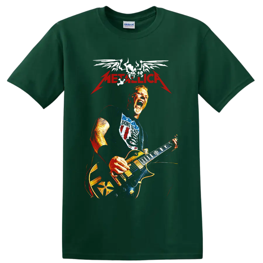 Metallica guitarist with winged skull and lightning graphic on a Forest Green T Shirt