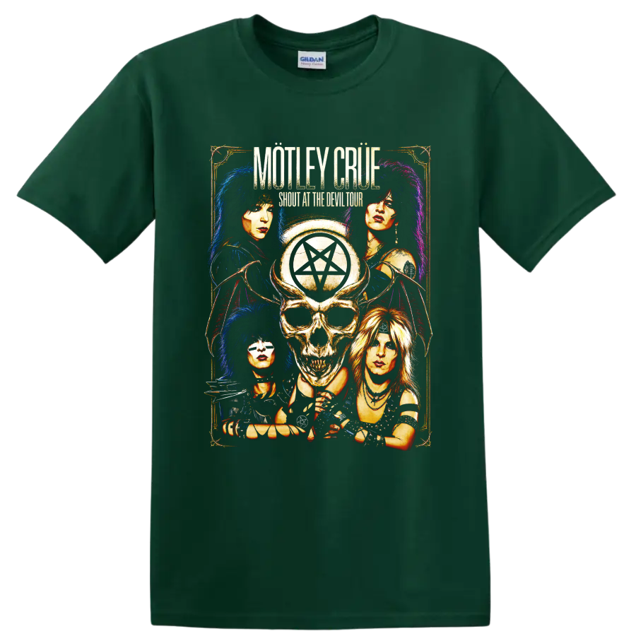 Mötley Crüe skull pentagram glam metal poster graphic on a Forest Green T Shirt
