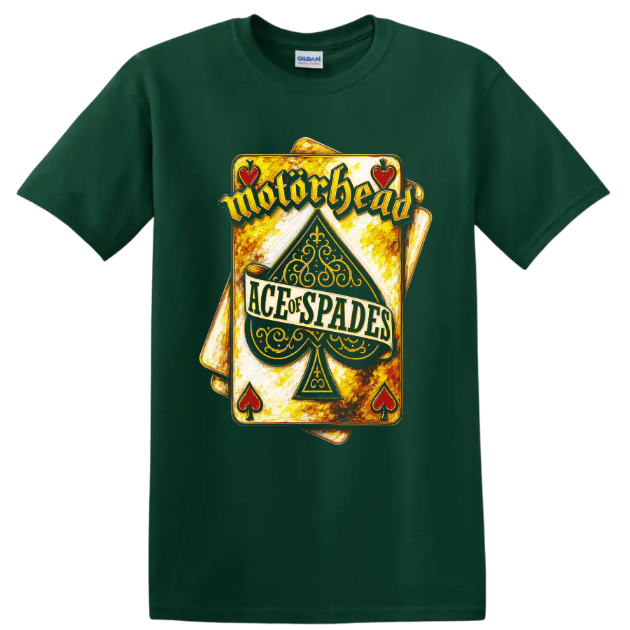Motorhead Ace of Spades ornate vintage playing card graphic on a Forest Green T Shirt
