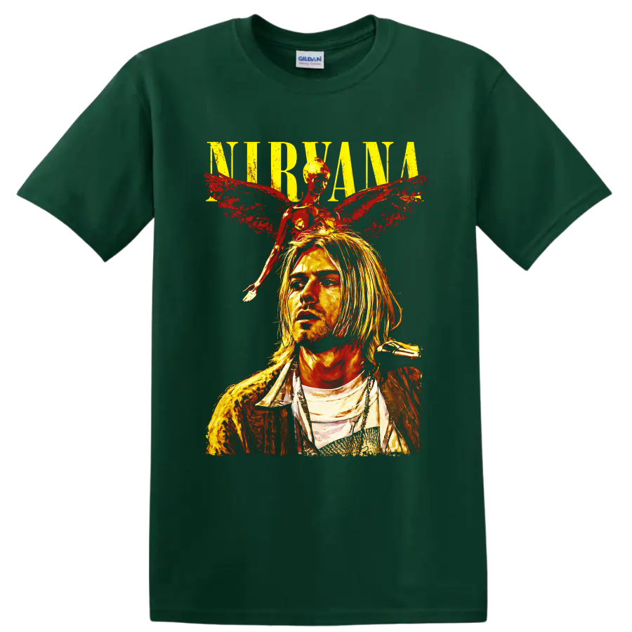 Nirvana Kurt Cobain portrait with angel wings in distressed grunge art on a Forest Green T Shirt