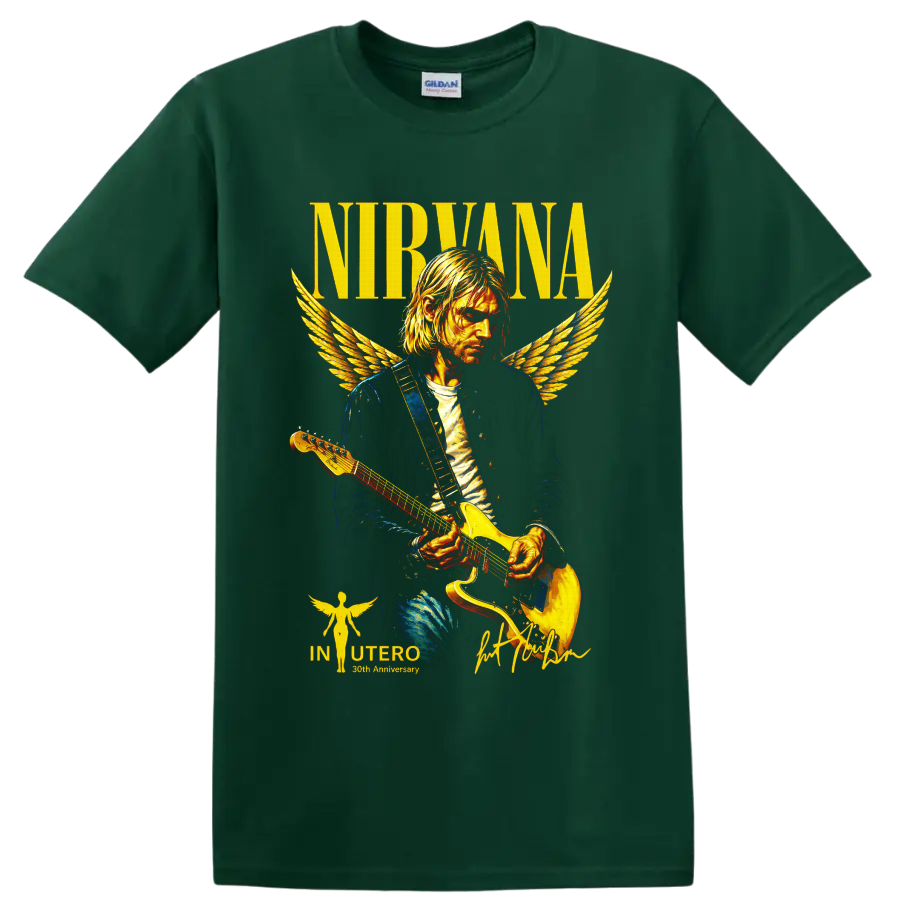 Nirvana Kurt Cobain angel-winged guitarist graphic with NIRVANA text on a Forest Green T Shirt