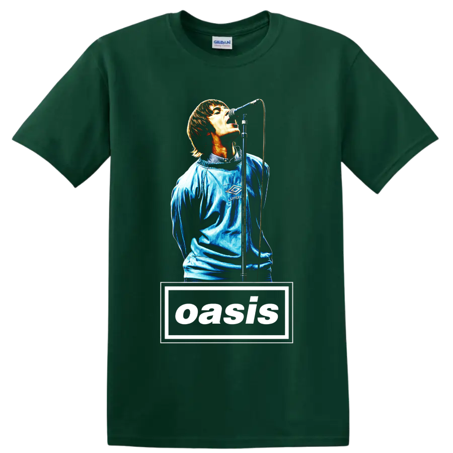 Oasis rock band graphic with singer at microphone and bold wordmark on a Forest Green T Shirt