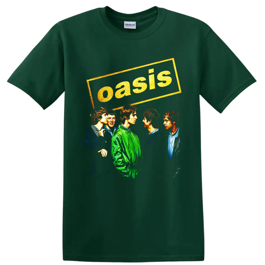 Oasis rock band vintage five-member portrait graphic with distressed lettering on a Forest Green T Shirt