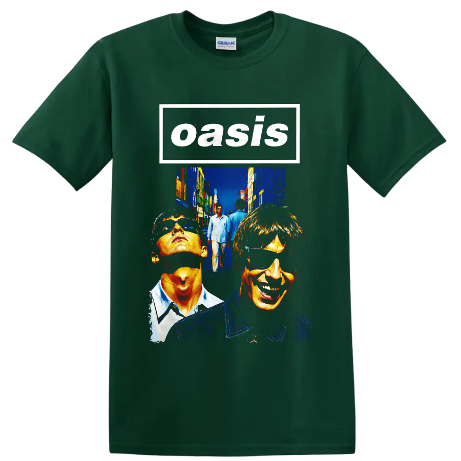 Oasis Britpop band portrait collage with bold street art style on a Forest Green T Shirt