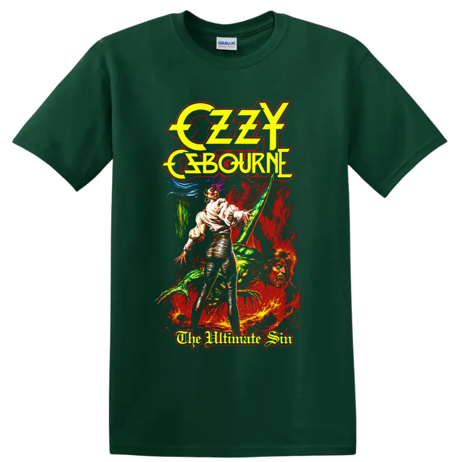 Ozzy Osbourne The Ultimate Sin fantasy horror rock graphic on a Forest Green T Shirt