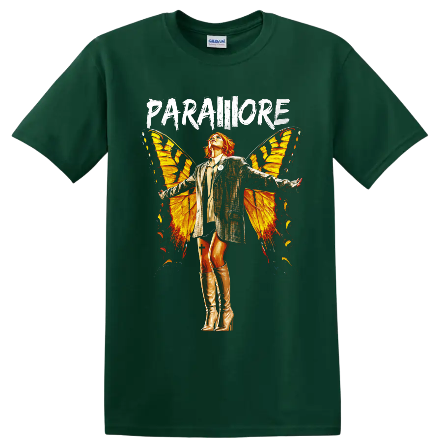 Paramore butterfly wings graphic with distressed PARAMORE lettering on a Forest Green T Shirt