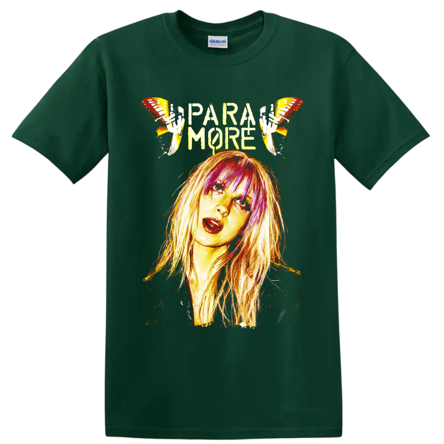 Paramore portrait graphic with pink-highlighted hair and electric guitars on a Forest Green T Shirt