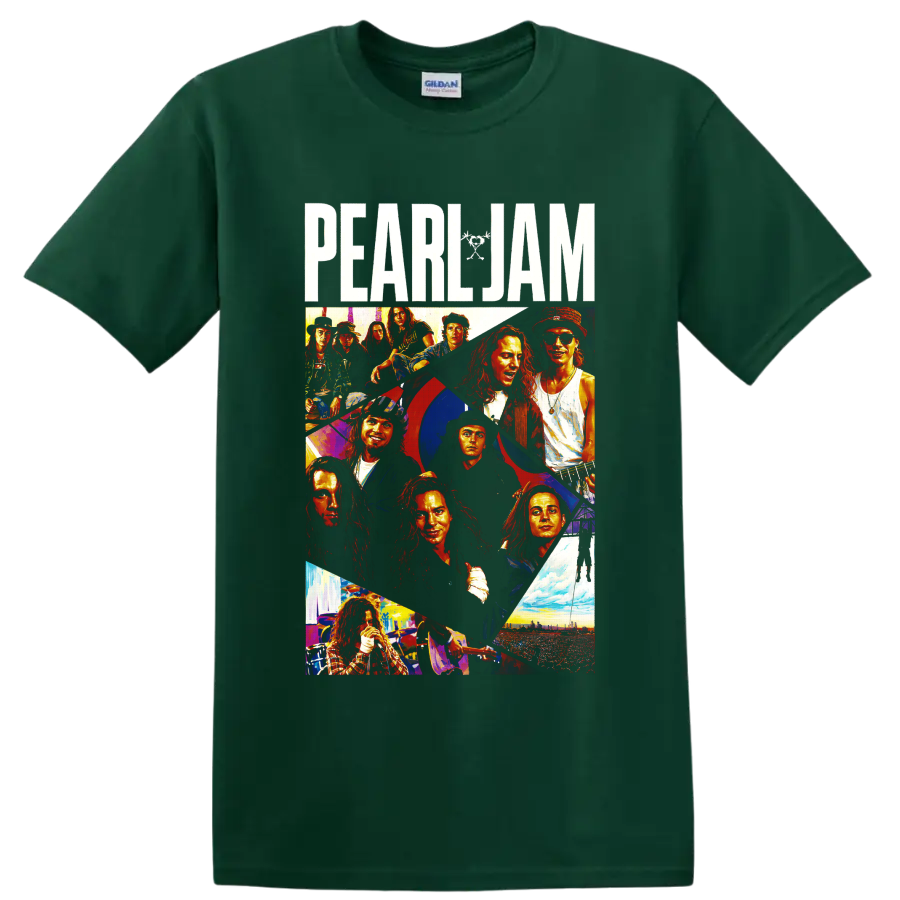 Pearl Jam rock band collage with performer portraits and concert scenes on a Forest Green T Shirt