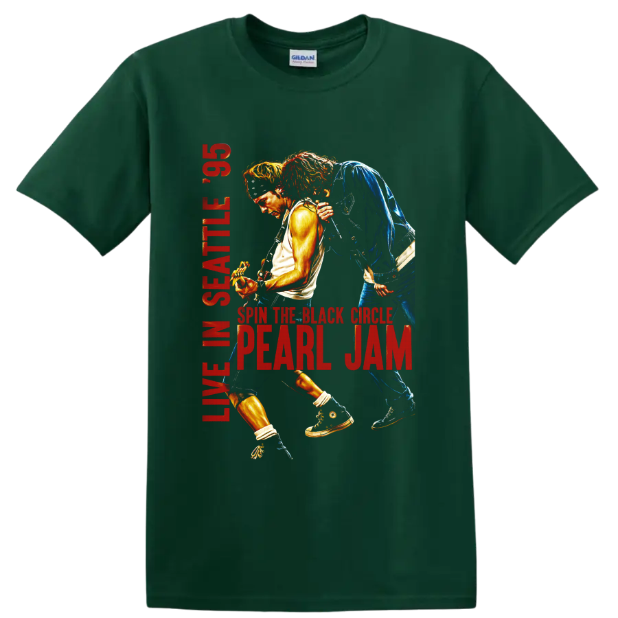 Pearl Jam live Seattle 93 guitarist concert graphic with red lettering on a Forest Green T Shirt