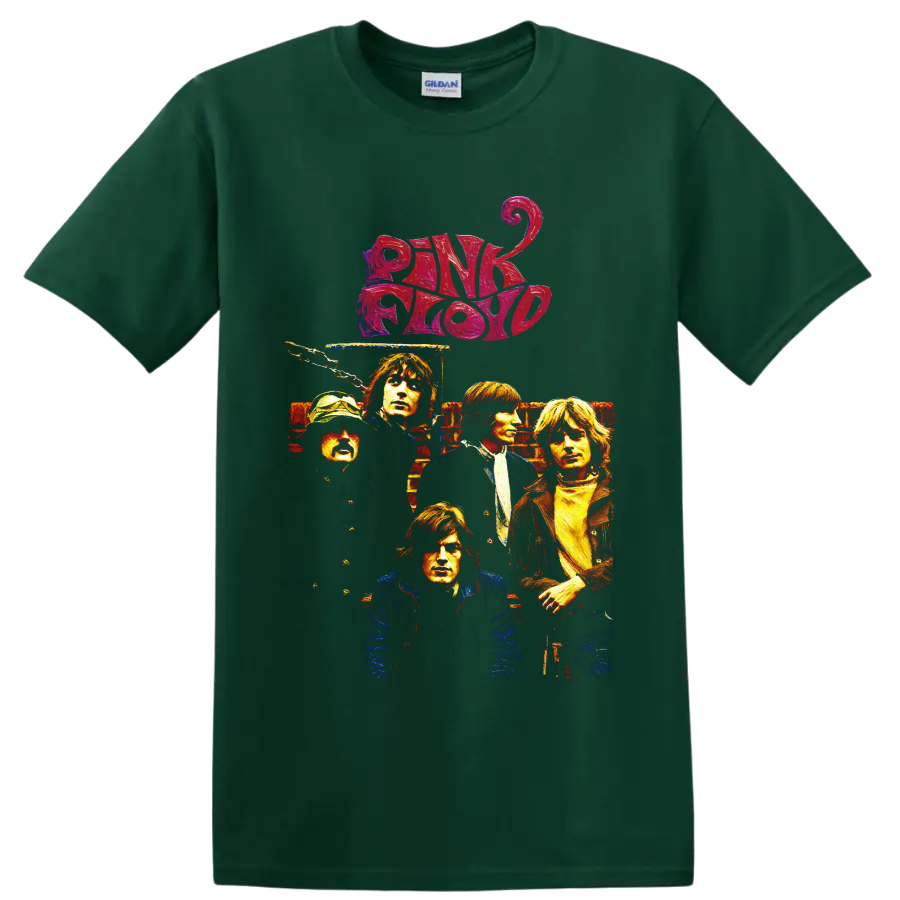 Pink Floyd portrait collage with bold retro logo and rock-poster styling on a Forest Green T Shirt