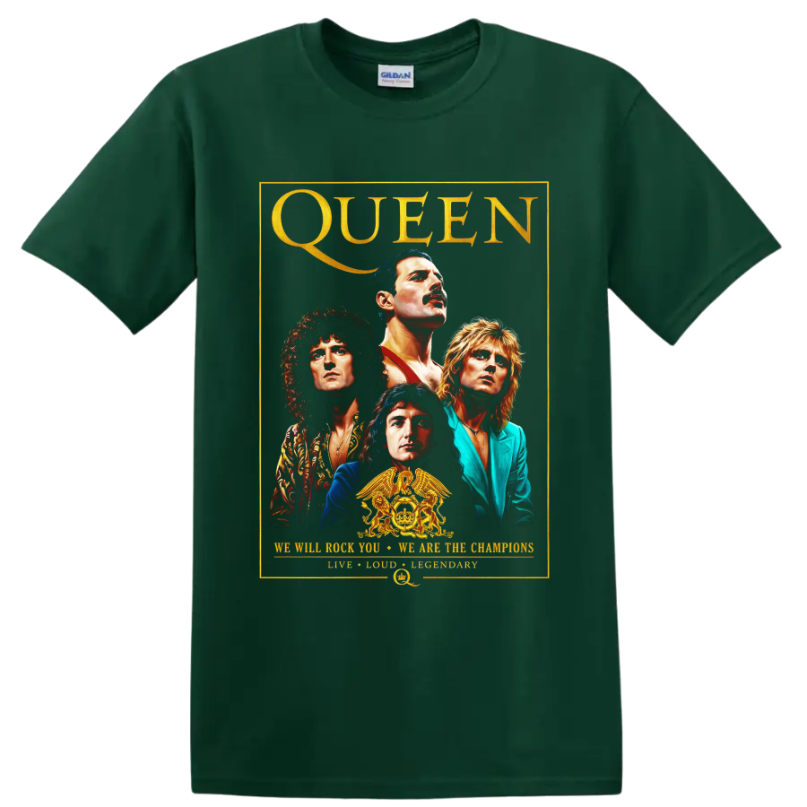 Queen rock band portrait graphic with gold crest and vintage poster border on a Forest Green T Shirt
