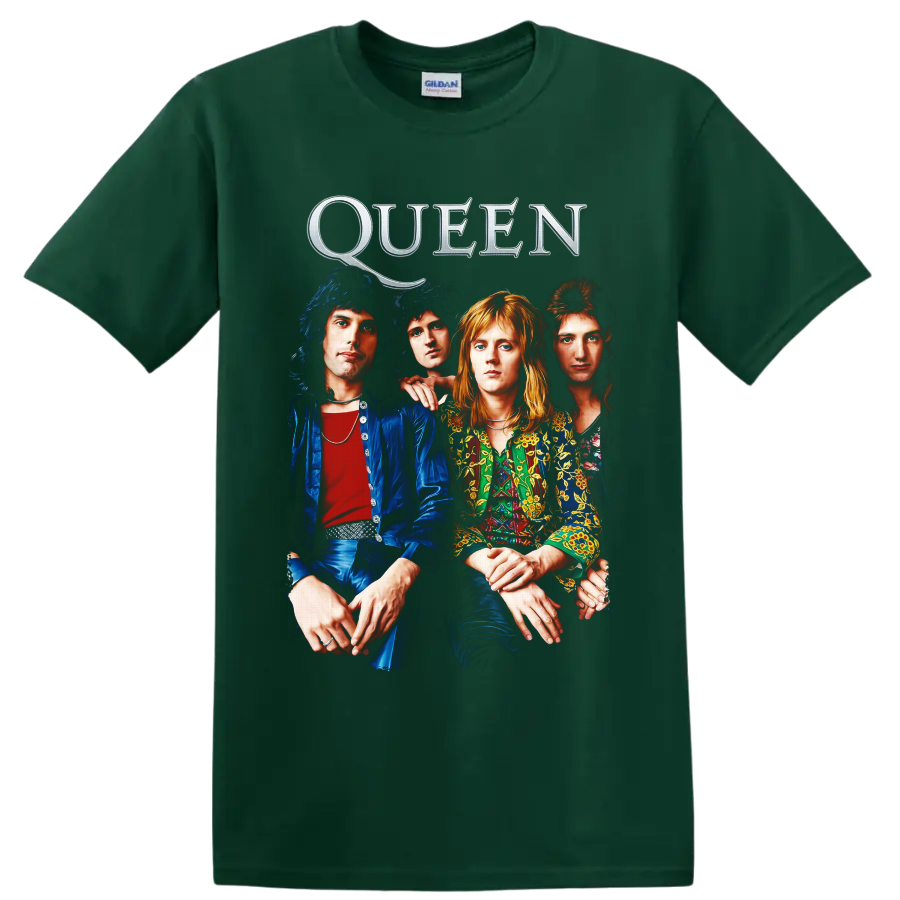 Queen classic rock band portrait with metallic QUEEN lettering on a Forest Green T Shirt