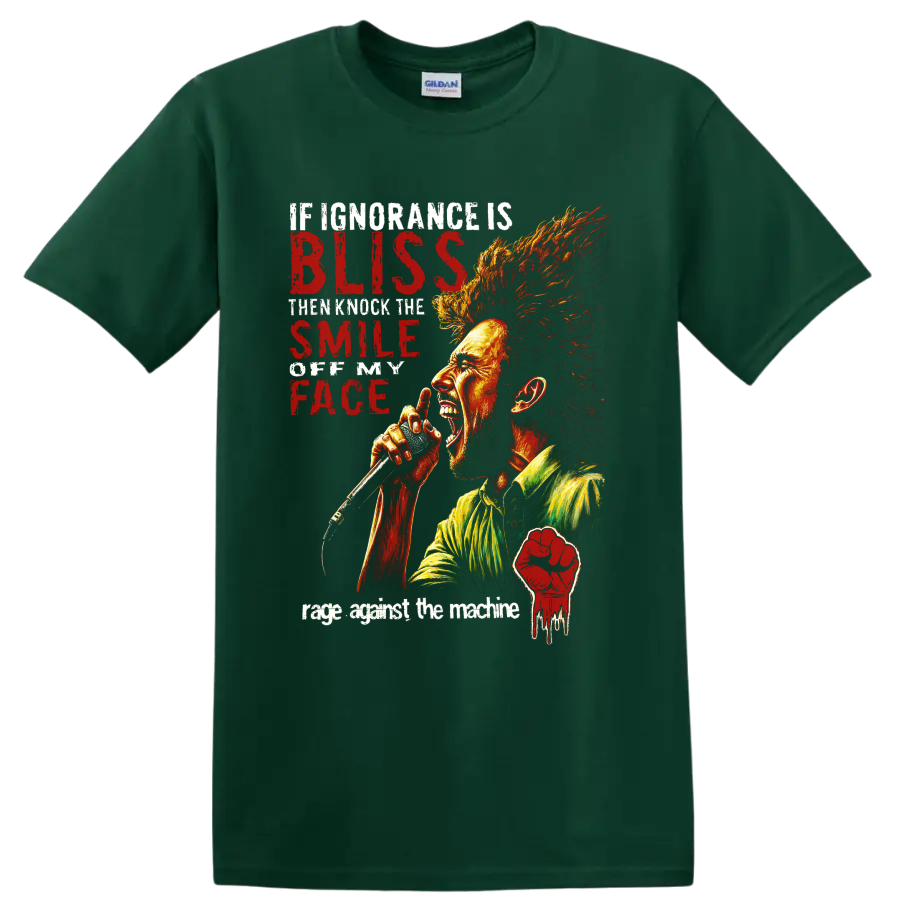 Rage Against the Machine protest rock singer microphone graphic with raised fist on a Forest Green T Shirt