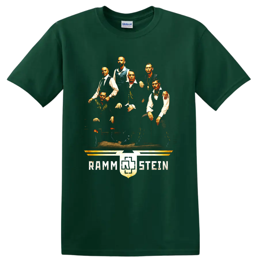 Rammstein band portrait graphic with six figures and distressed emblem on a Forest Green T Shirt