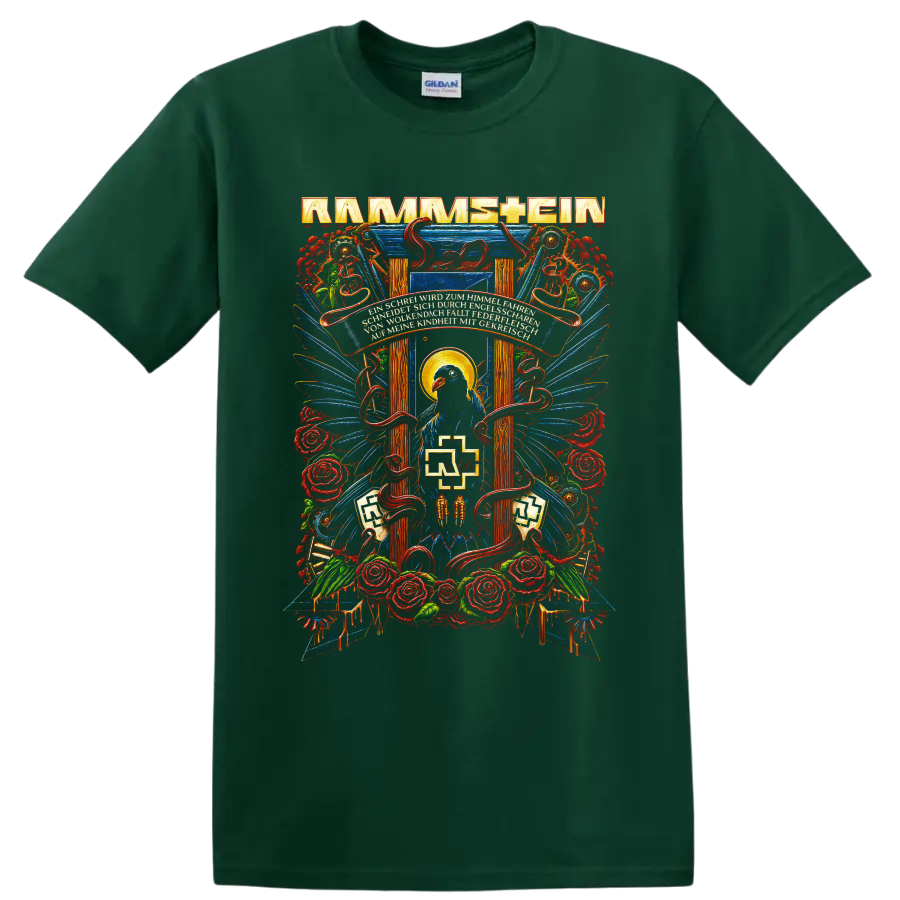 Rammstein gothic raven, roses, serpents, and blue wings graphic print on a Forest Green T Shirt