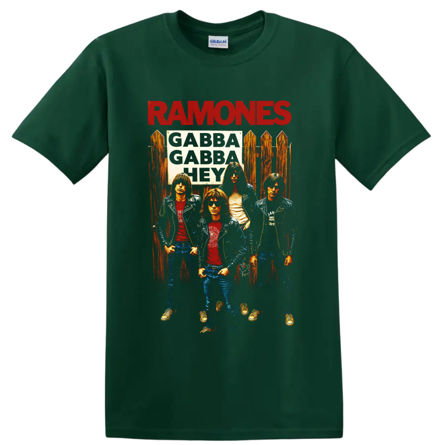Ramones punk rock band portrait with bold red lettering and vintage distressed style on a Forest Green T Shirt