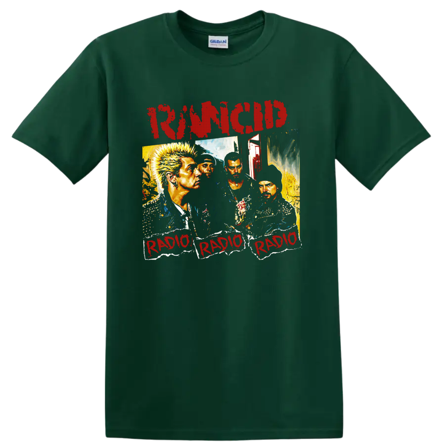 Rancid distressed punk rock collage with four musician portraits on a Forest Green T Shirt