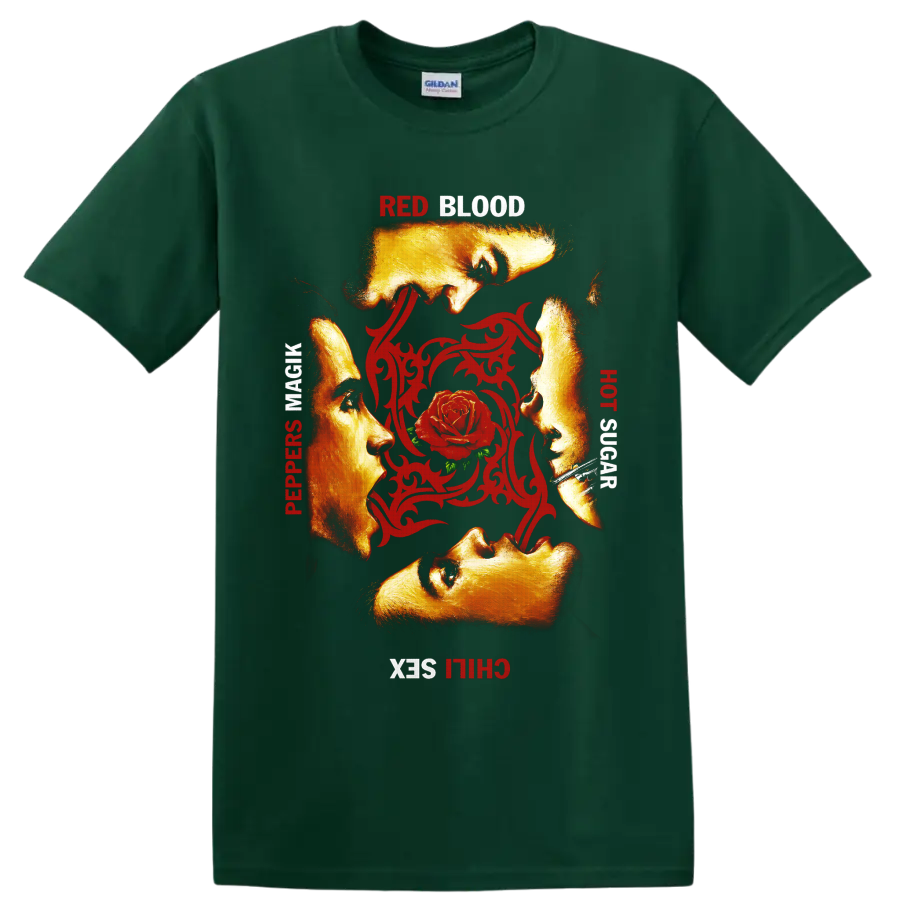 Red Hot Chili Peppers rose and ornamental rock band graphic on a Forest Green T Shirt