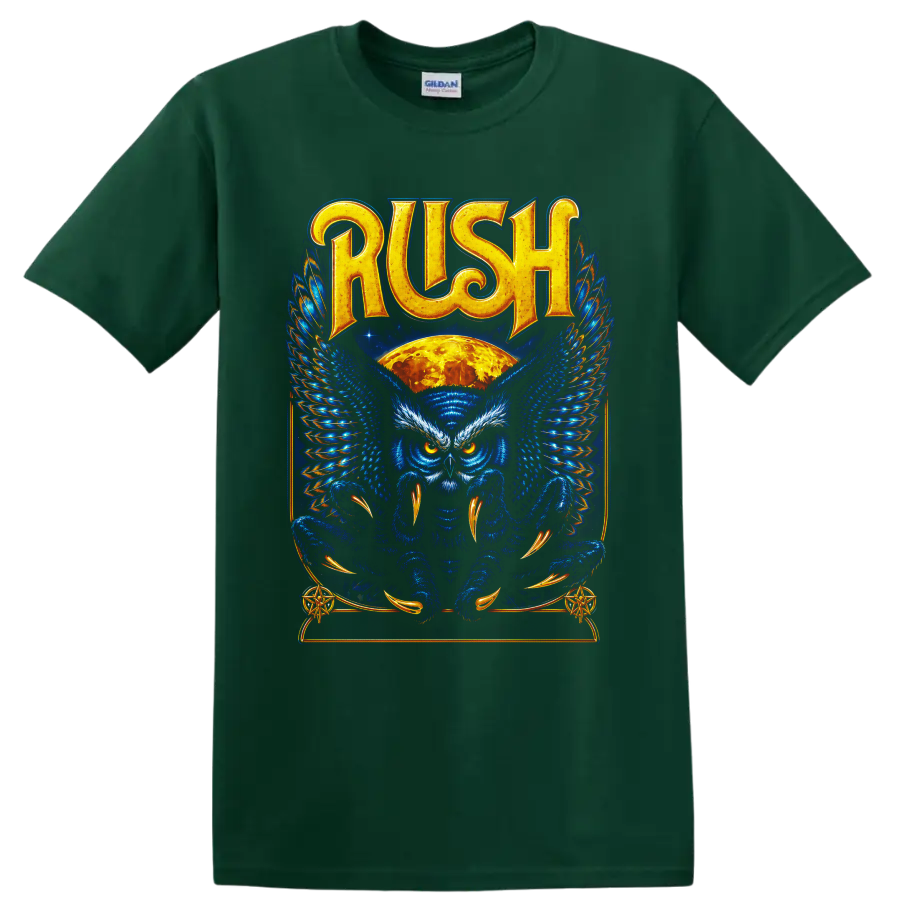 Rush owl graphic with blue wings, orange moon, and ornate fantasy artwork on a Forest Green T Shirt