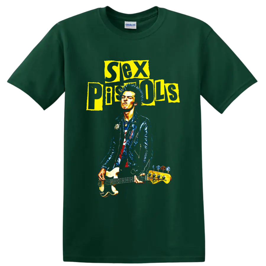 Sex Pistols punk rock bassist graphic with distressed yellow lettering on a Forest Green T Shirt