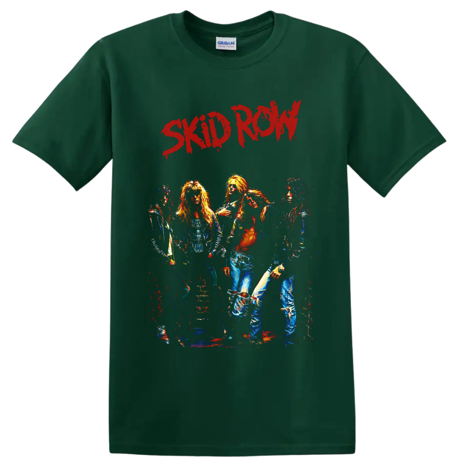 Skid Row glam metal band portrait with distressed red lettering on a Forest Green T Shirt