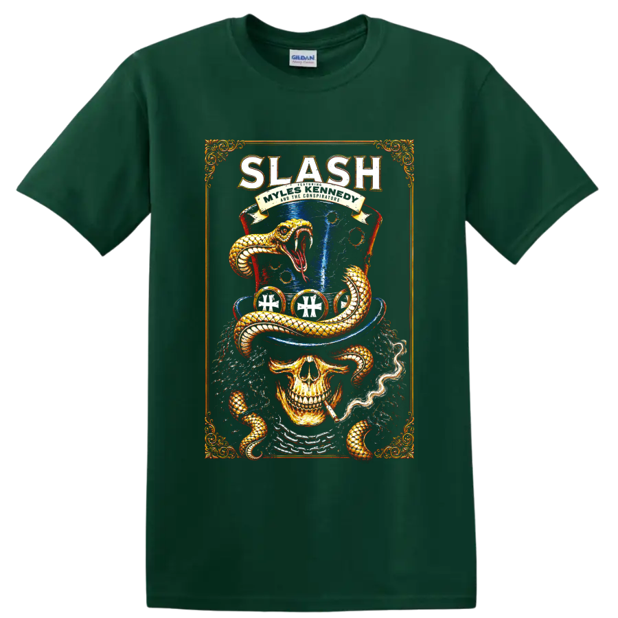 Slash skull and coiled snake rock graphic with blue top hat on a Forest Green T Shirt