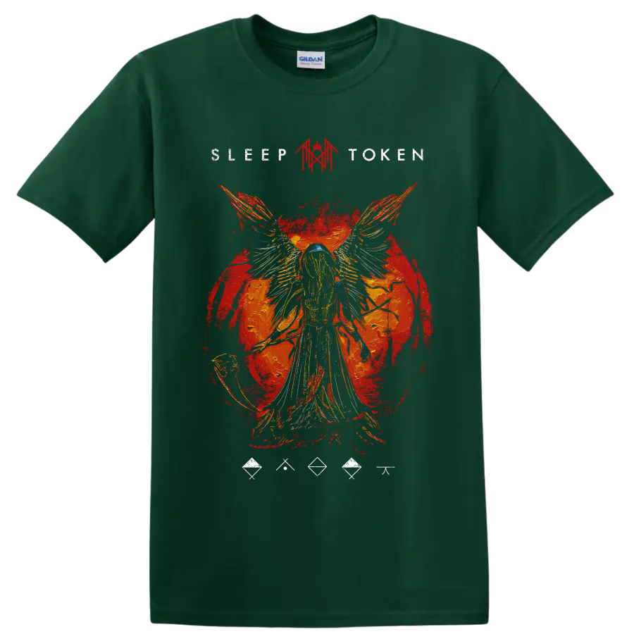 Sleep Token winged figure red grunge graphic with distressed artwork on a Forest Green T Shirt