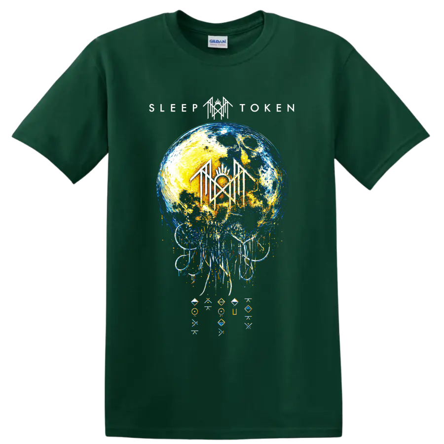 Sleep Token cosmic moon ritual graphic with dripping abstract details on a Forest Green T Shirt