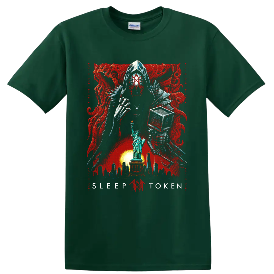 Sleep Token gothic horror masked figure with Statue of Liberty and red art on a Forest Green T Shirt