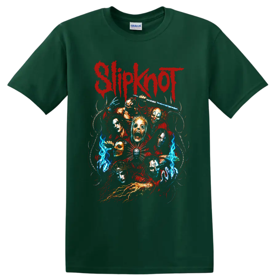 Slipknot distressed red logo with masked horror figures and blue flames on a Forest Green T Shirt