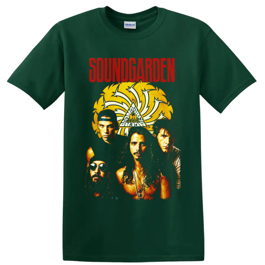 Soundgarden rock band portrait with golden sunburst and distressed lettering on a Forest Green T Shirt