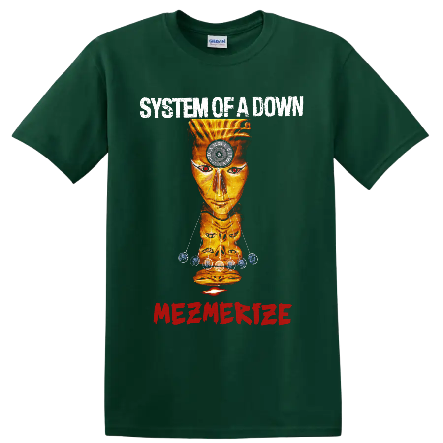 System of a Down Mezmerize surreal orange face graphic with clock on a Forest Green T Shirt