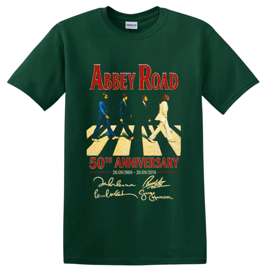 The Beatles Abbey Road 50th Anniversary crossing graphic with red lettering on a Forest Green T Shirt