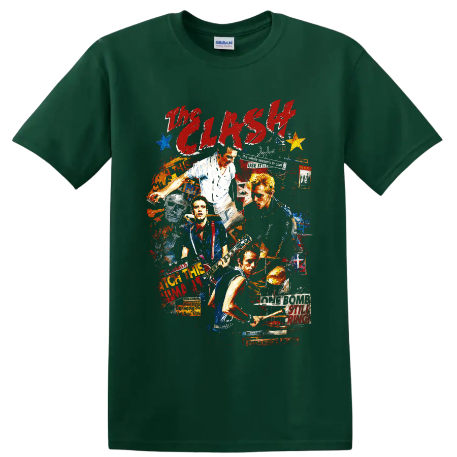 The Clash punk rock collage with guitars, drums, and distressed lettering on a Forest Green T Shirt