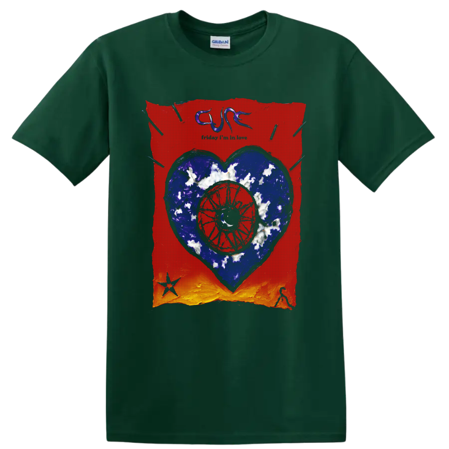 The Cure heart and eye gothic rock graphic print on a Forest Green T Shirt