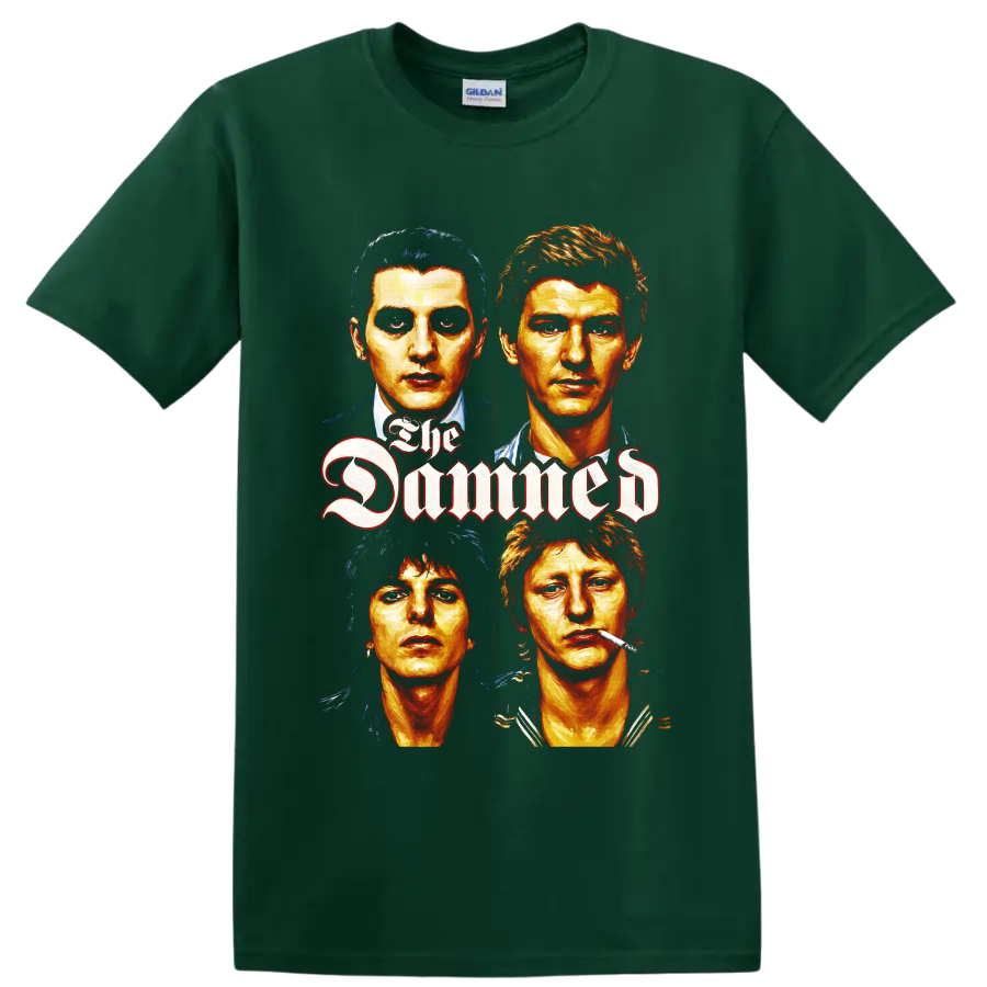 The Damned four-face punk rock portrait with gothic lettering on a Forest Green T Shirt