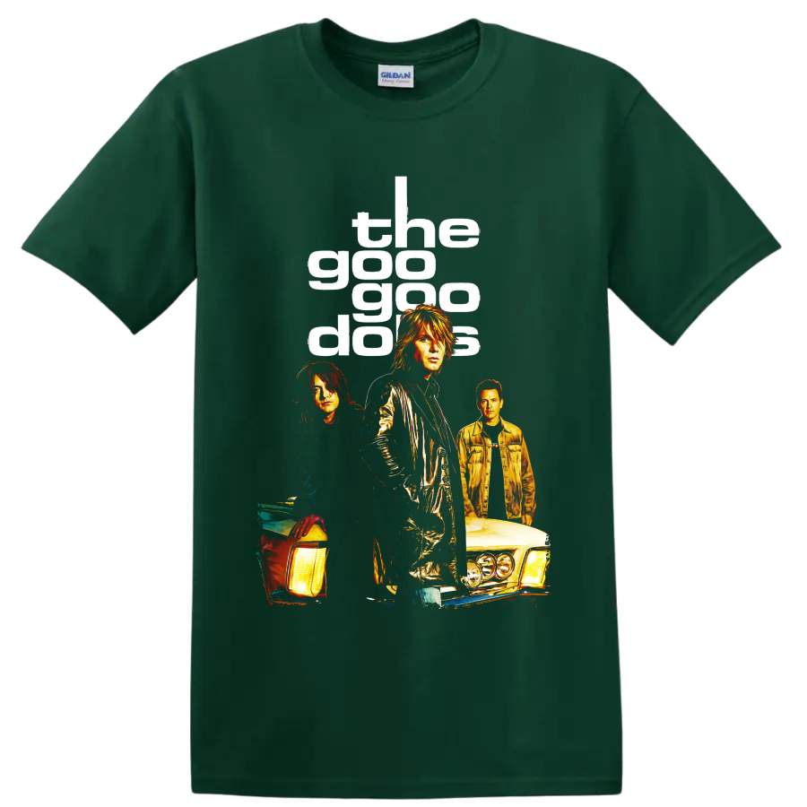 Goo Goo Dolls rock band portraits with classic cars and bold lettering on a Forest Green T Shirt