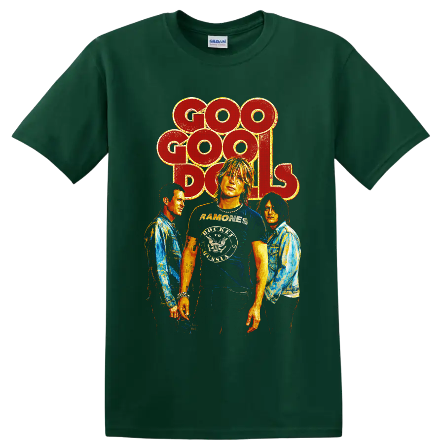 Goo Goo Dolls vintage rock band portrait graphic with distressed lettering on a Forest Green T Shirt