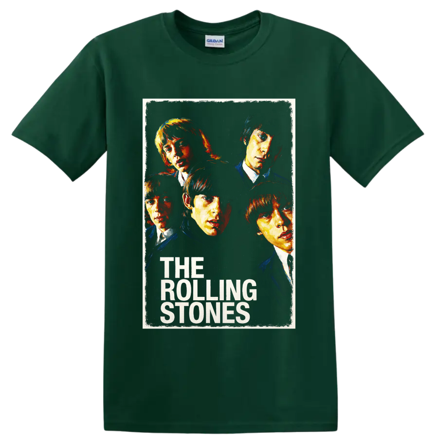 The Rolling Stones five-portrait vintage rock band graphic with text on a Forest Green T Shirt