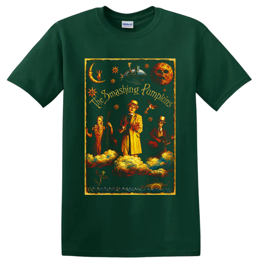 The Smashing Pumpkins surreal celestial vintage rock band artwork on a Forest Green T Shirt