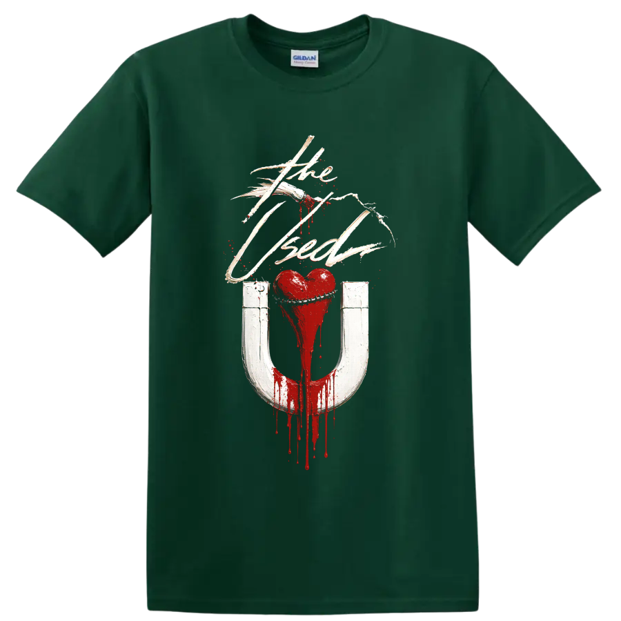 The Used heart magnet graphic print with distressed gothic rock styling on a Forest Green T Shirt