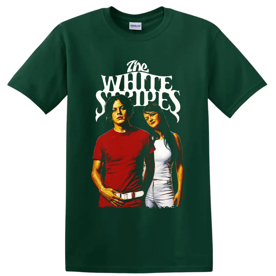 The White Stripes portrait graphic with distressed lettering on a Forest Green T Shirt