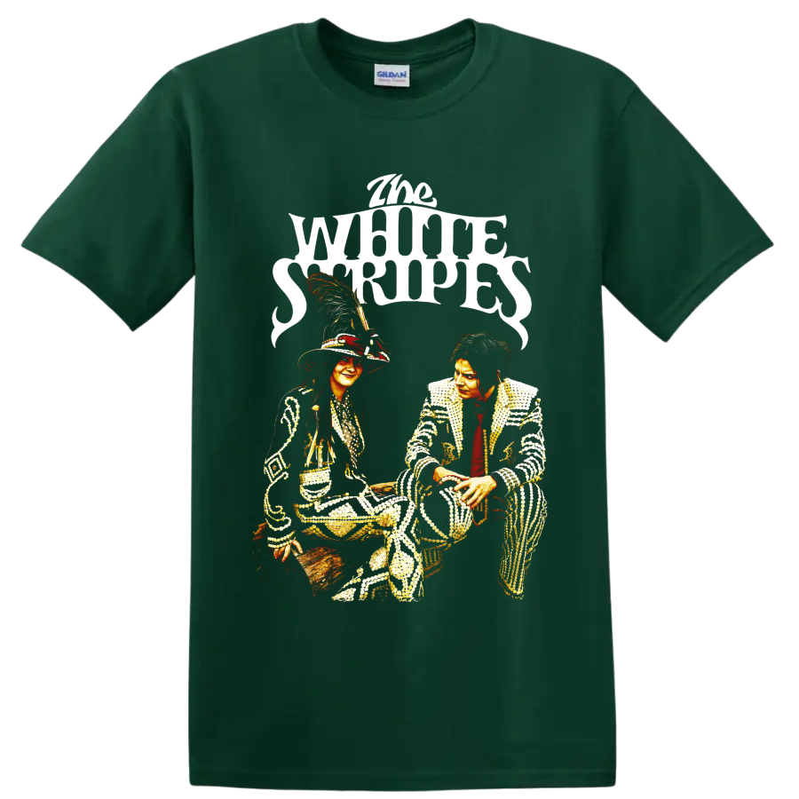 The White Stripes duo portrait graphic with ornate stage outfits and bold lettering on a Forest Green T Shirt