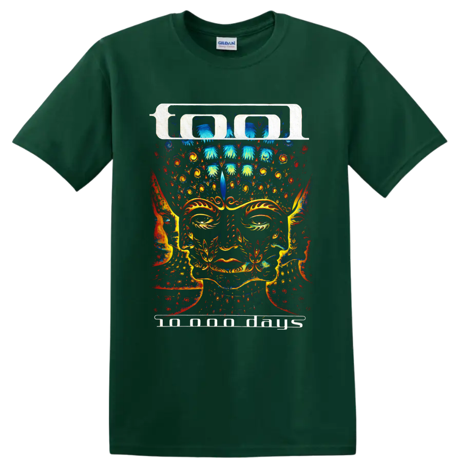 Tool psychedelic ornamental face artwork on a Forest Green T Shirt